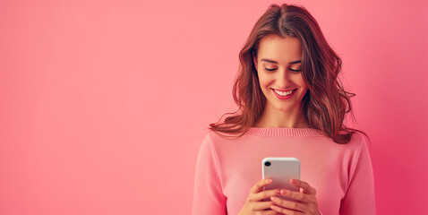 Young pretty woman using modern smart phone, share messages via messenger, sms exchange on pink copy space background. Artificial intelligence bot, wireless technologies usage
