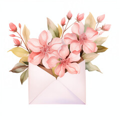 Envelope with dreamy light pink flowers and leaves. Subtle watercolor style illustration. Greeting card for Valentines, Mothers day