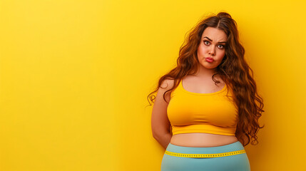 Young confused sad indignant chubby overweight plus size big fat fit woman isolated on yellow color...