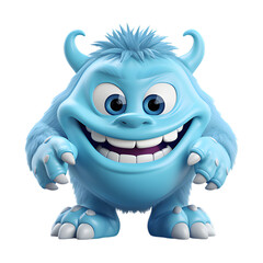 little blue monster, 3d cartoon character, isolated on white background
