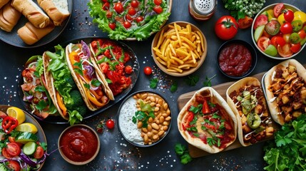 Assorted Food Spread on Table, A Delicious Array of Dishes and Ingredients