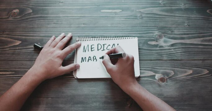 Top view, close-up hands of a man writing. 