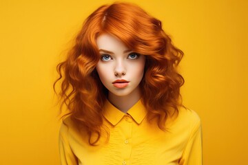 Young red-haired woman isolated on yellow background. Beauty portrait of young girl. Girl posing on yellow background, looking at camera. Studio shot
