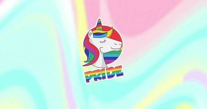 Animation of pride text and unicorn over colourful background