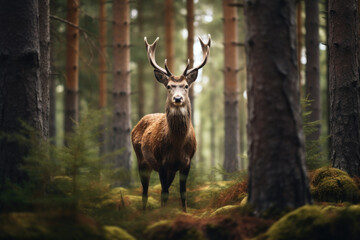 Obraz premium male deer in the forest, looking into the camera