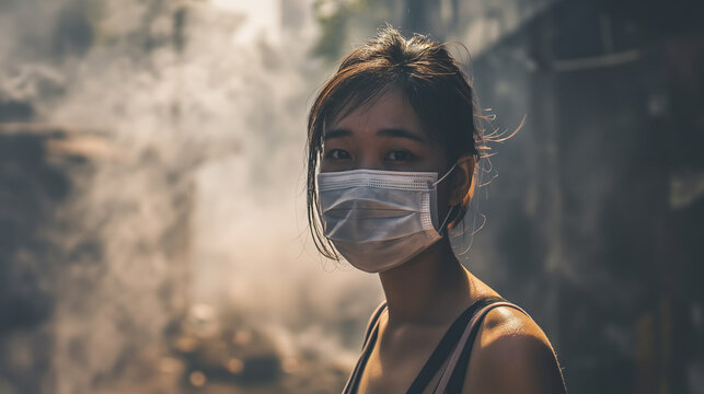 Woman wearing a mask in a city full of PM 2.5, AI Generative