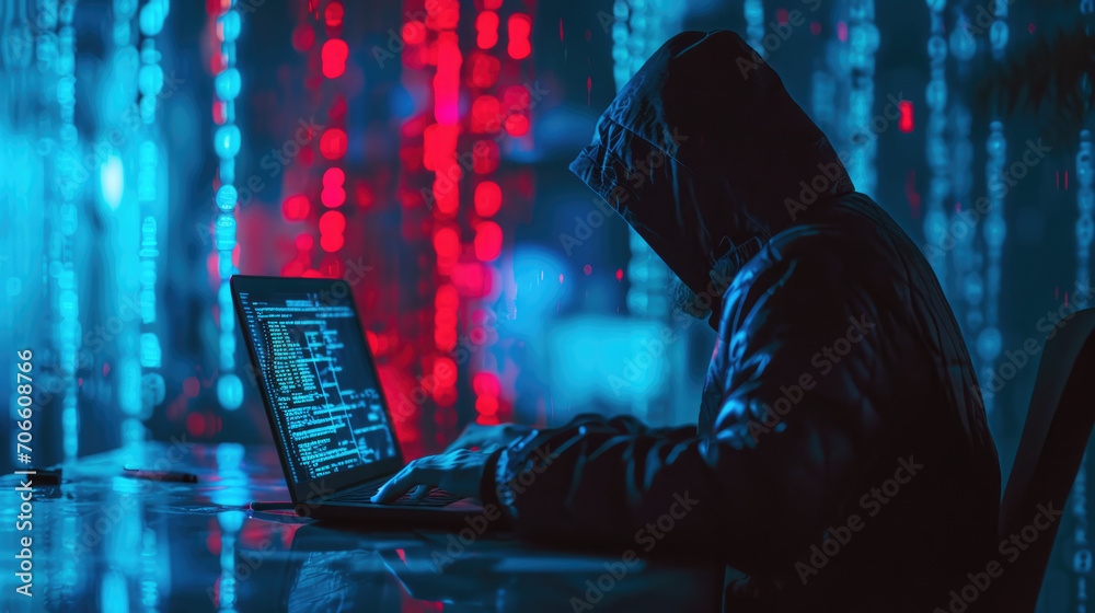 Canvas Prints hooded figure typing on a laptop, bathed in the glow of red and blue lights, hacking in a dark environment.