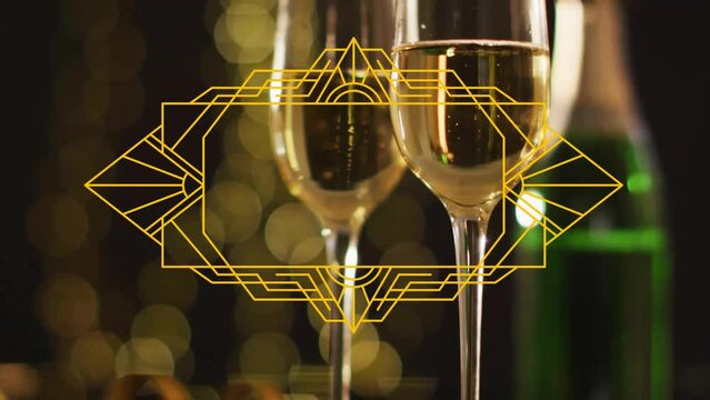 Animation of yellow shapes over glasses of champagne