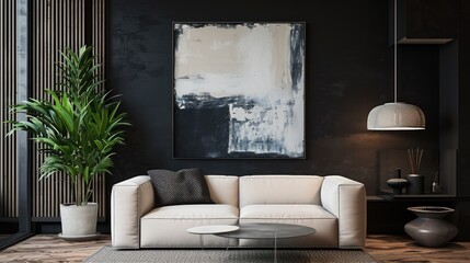 Black-walled Living Room With White Couch