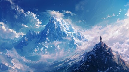 Man Standing on Mountain Summit, Inspiring Painting Artwork