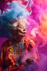 elderly woman with smoke in her hair, in the style of light multicolor