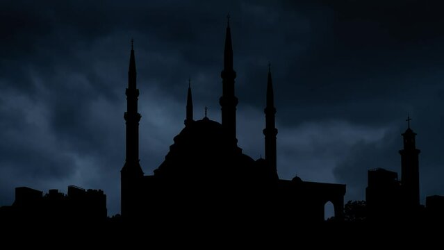 Lightning and Thunderstorm Flash over The Mohammad Al-Amin Mosque, a Sunni Muslim Mosque located in downtown Beirut, Lebanon,  Middle East