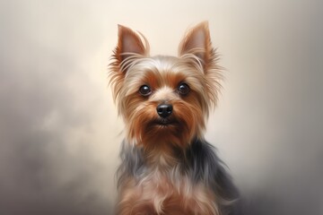 Yorkshire Terrier Portrait with a Soulful Gaze on a Cloudy Background