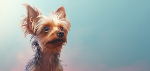 Elegant Yorkshire Terrier Gazing Upwards with Dreamy Sky Background