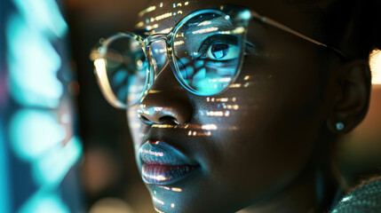 Close-up of a woman's face, with a focus on her eyes, which reflect a computer screen displaying data or code.