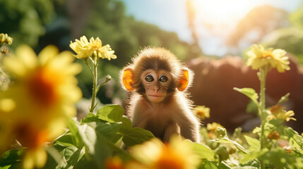 Baby Monkey sitting on beautiful green garden and playing flower. AI Generative.