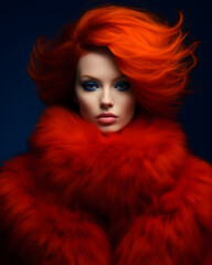 Glamorous beautiful red hair woman wearing fur coat.
