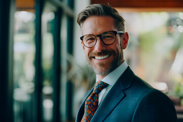 Obraz premium A confident and smiling 40-year-old real estate agent poses for a portrait while speaking directly to the camera.