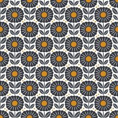 Hand drawn seamless pattern with decorative doodle flowers, repeat pattern with flowers and leaves