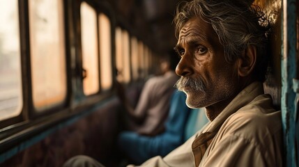 An old man from East India takes a train. Created with Generative Ai technology. - obrazy, fototapety, plakaty
