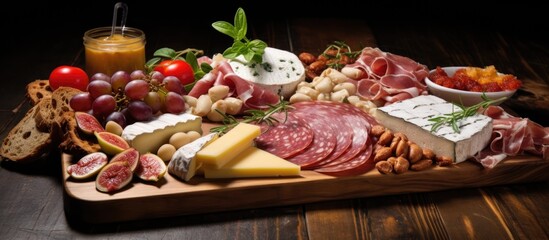 Wooden board with assortment of cured meats and cheeses