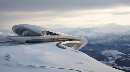 Fototapeta na wymiar Futurism unveiled, an architectural triumph amidst snowy peaks