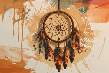 A dreamcatcher with intricate webbing and feathers against an abstract background