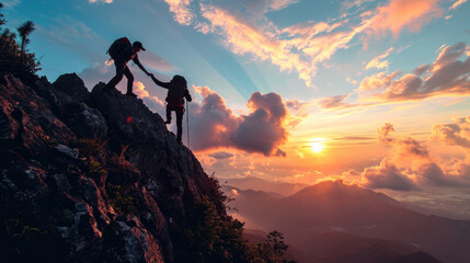 Silhouette photo of mountain climber helping his friend to reach the summit, showing business...