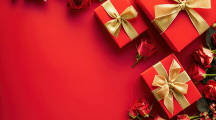 Red gift boxes with golden bows and roses on a red background, Valentine's day
