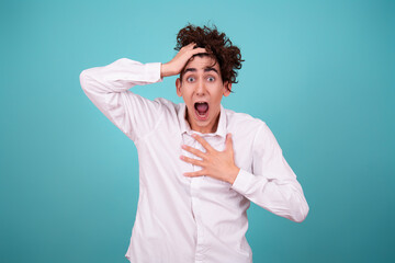 Global crisis and stupid government. A funny guy and his problems. Blue background.