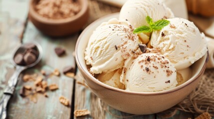 Fototapeta premium Three Scoops of Ice Cream in a Bowl, Delicious and Refreshing Dessert Treat