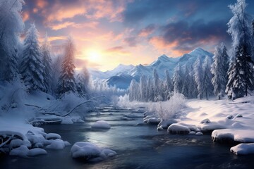 Fototapeta premium Tranquil Magic winter blurred landscape cold. Festive forest. Generate Ai