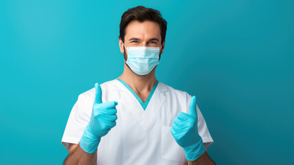 Cheerful healthcare professional in blue scrubs wearing a surgical mask and latex gloves giving a thumbs-up sign