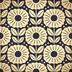 Hand drawn seamless pattern with decorative doodle flowers, repeat pattern with flowers and leaves