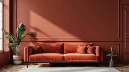 Obraz premium Terracotta velvet sofa near wood paneled wall Mid-Century Modern Living Room Interior Design