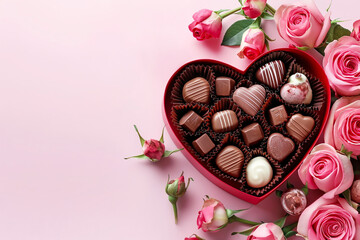 Luxury valentine chocolates in heart shaped gift box and tender roses, copy space