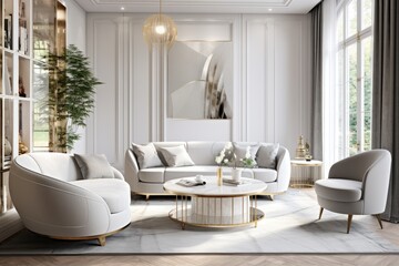 Fototapeta premium Spacious Living Room With Abundant Furniture and Expansive Window