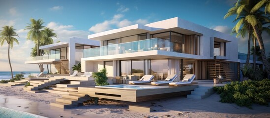 Fototapeta premium Beachfront villa construction. Modern home renovation near sea.