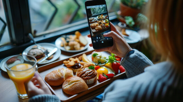 Woman taking photo of continental breakfast on wooden tray with smartphone