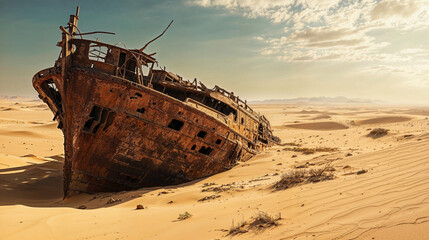 Old and rusty shipwreck sitting in middle of desert, post apocalyptic scene. - obrazy, fototapety, plakaty