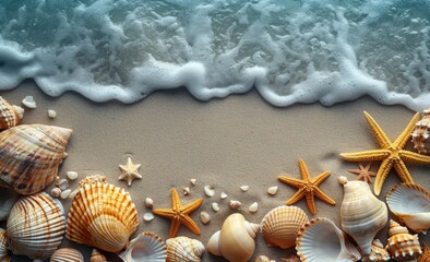Fototapeta na wymiar sea shells and starfish on sand