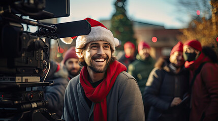 Cinematic enthusiast wearing festive hat leads vibrant film production