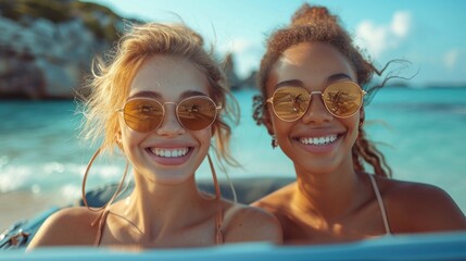 Close-up of two young women happily relaxing on the beach