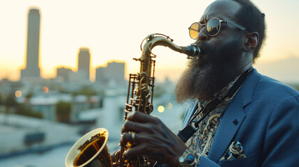 A bearded black American man plays a saxophone - obrazy, fototapety, plakaty