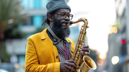 A bearded black American man plays a saxophone background is a city