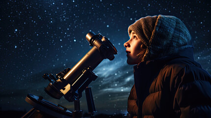 Young astronomer in hat stargazes with telescope in remote location - obrazy, fototapety, plakaty