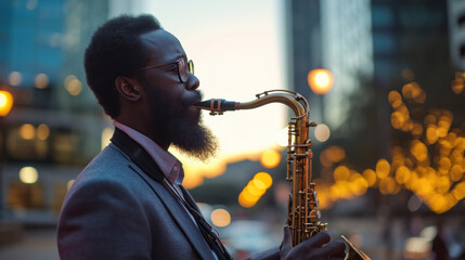 A bearded black American man plays a saxophone silhouette is a city during sunset - obrazy, fototapety, plakaty