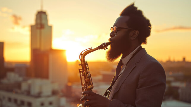 A bearded black American man plays a saxophone silhouette is a city during sunset