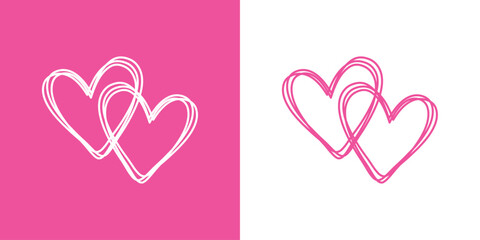 Logo del día de San Valentín. Silueta 2 corazones con líneas unidos para su uso en felicitaciones y tarjetas - obrazy, fototapety, plakaty