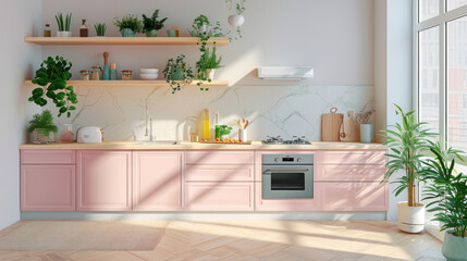 Fototapeta premium Modern Kitchen Interior With Pastel Colored Cabinets